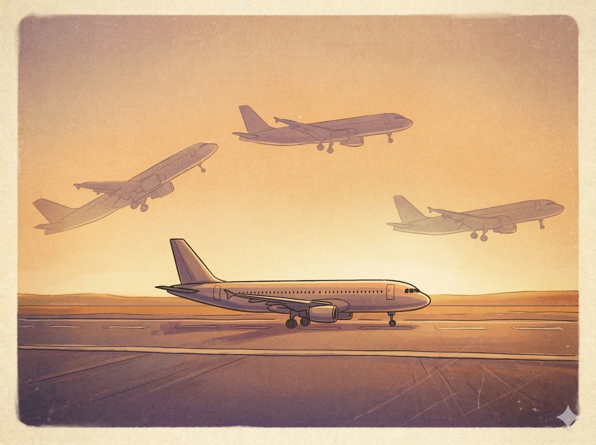 Postcard preview showing takeoff and landing theme